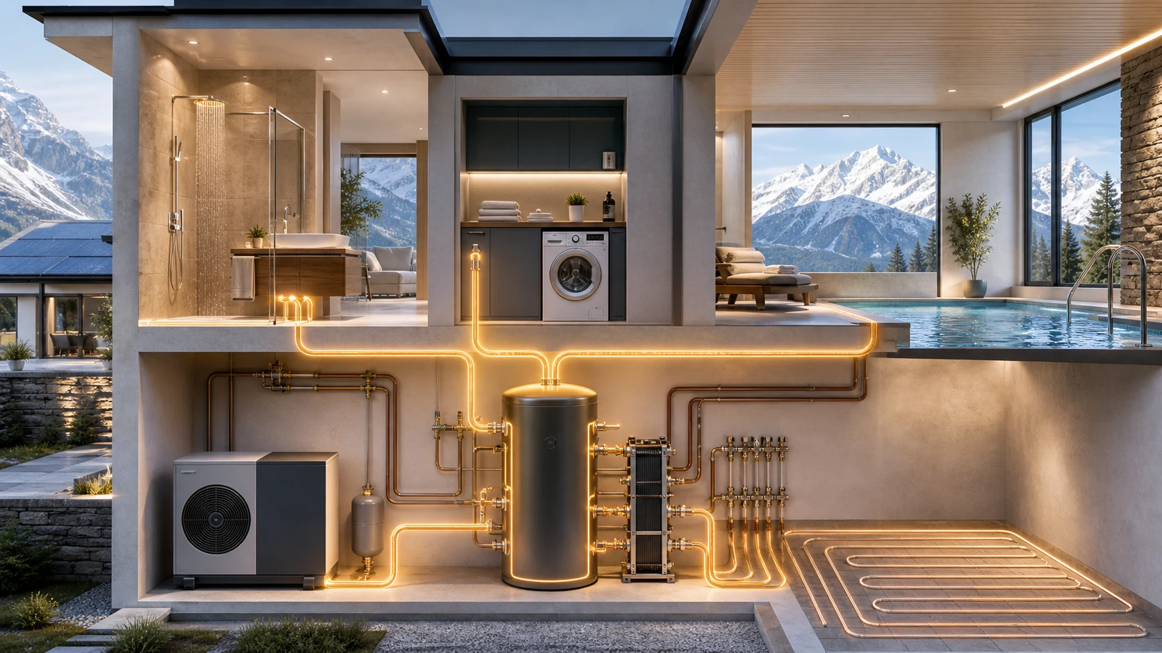 Warmwasser, Waschmaschine, Pool und Wärmepumpe mit zurückgewonnener Rechenwärme
