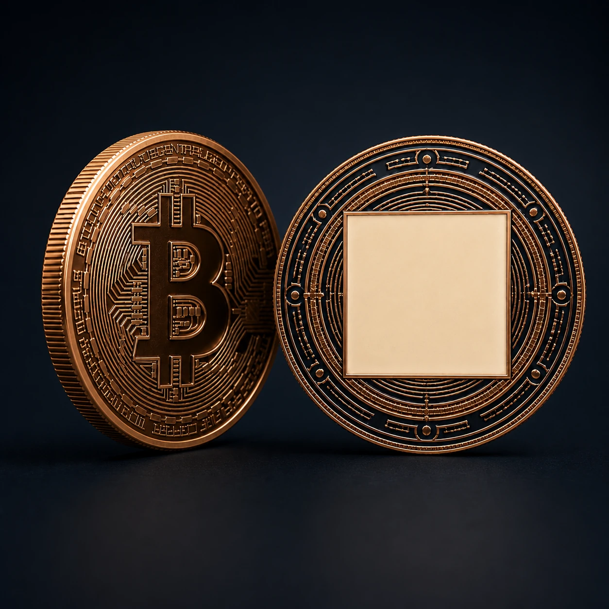 Kupferfarbene Bitcoin-Münze mit integriertem QR-Code zur PHT Mining-Wärme-Seite