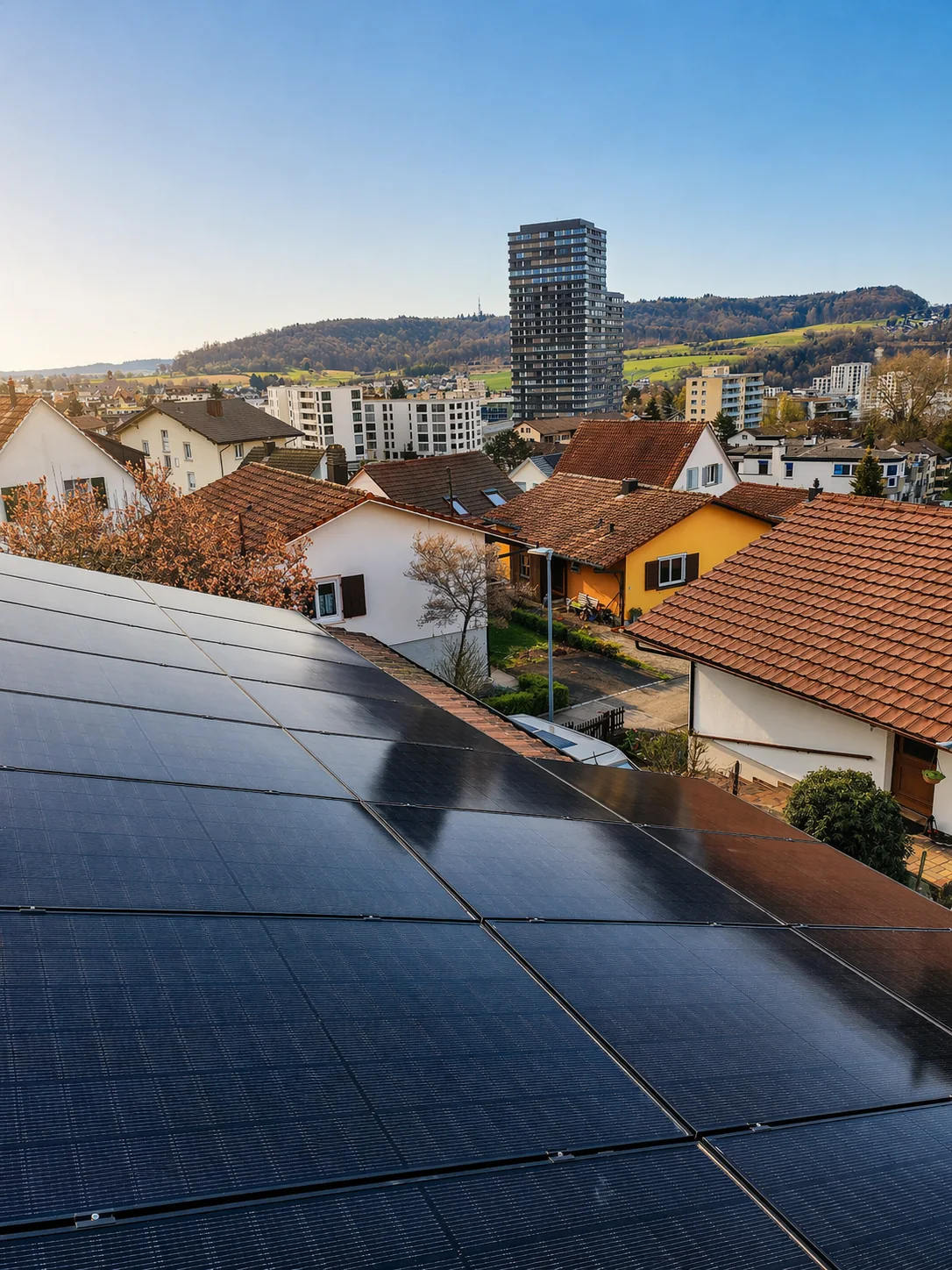 Photovoltaikmodule auf einem Steildach mit Blick über die Umgebung